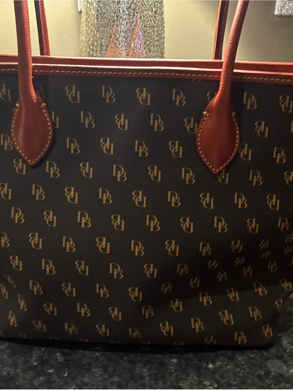 Dooney & Bourke Greta Dark Brown Logo Tote with Red Trim